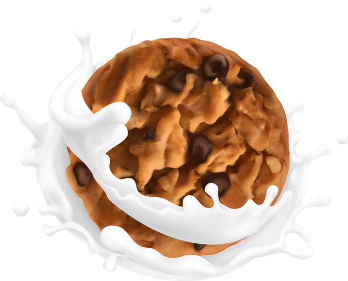 Tasty chocolate cookie with milk splash realistic 3d icon
